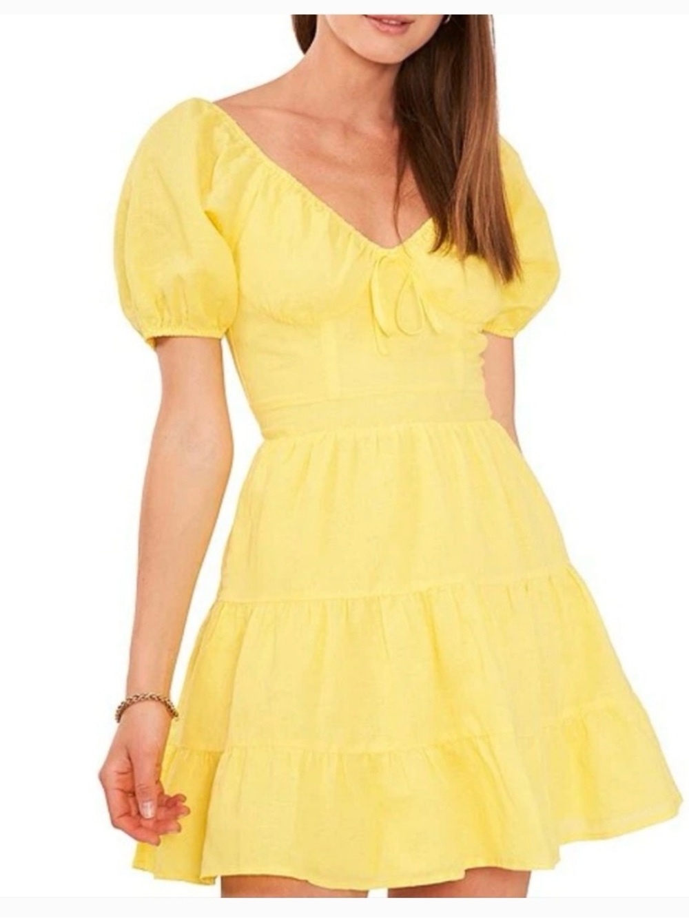 Chelsea & Violet Linen Blend Tiered Short Puff Sleeve Tie V-Neck A-Line